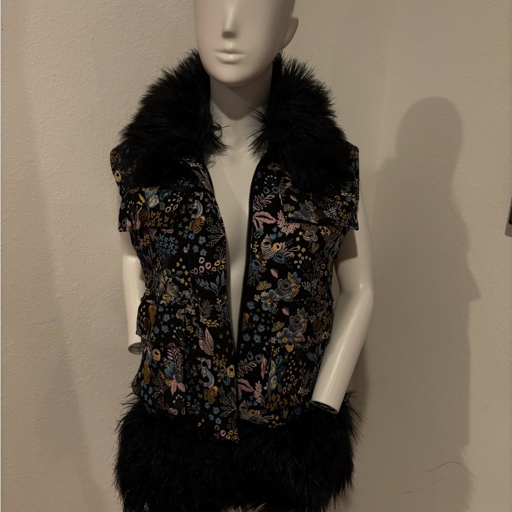 Anna Sui- Autumn Floral Black Faux Fur Trim Vest